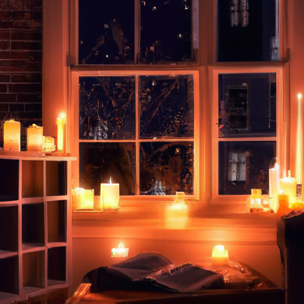 Prompt: A cozy living room scene showcasing creative ways to use battery powered window candles. The room features a warmly lit ambiance with candles placed elegantly on the windowsill, casting a gentle glow. Additional candles accent the mantelpiece and bookshelf, creating a cozy and inviting atmosphere. The design integrates modern and traditional elements, emphasizing how these candles can enhance seasonal decorations and special occasions. Elements of the room include a plush sofa, soft throws, and tasteful wall art, all harmonizing with the warm glow of the window candles.