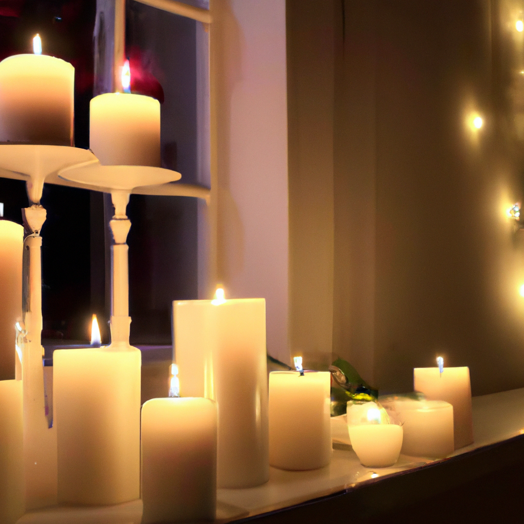 Create an image showcasing an elegant display of battery powered window candles in a beautifully styled room. The room features a harmonious blend of modern and rustic décor, with candles of various sizes and designs strategically placed on windowsills, creating a warm and inviting atmosphere. The scene highlights different styles of candles, such as sleek metallic designs, classic ivory pillars, and whimsical lantern shapes, to illustrate how each complements the room