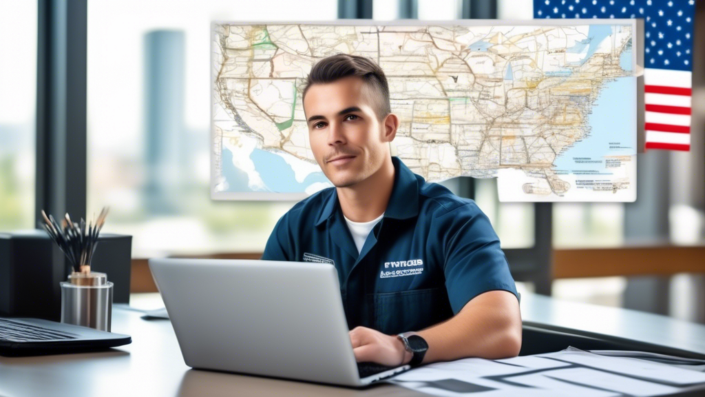 Create an image of a commercial driver sitting at a desk with a laptop open to a webpage that displays a list of certified DL51 medical examiners in various locations. The website features a map of the United States with pinpoint markers indicating different certified examiners