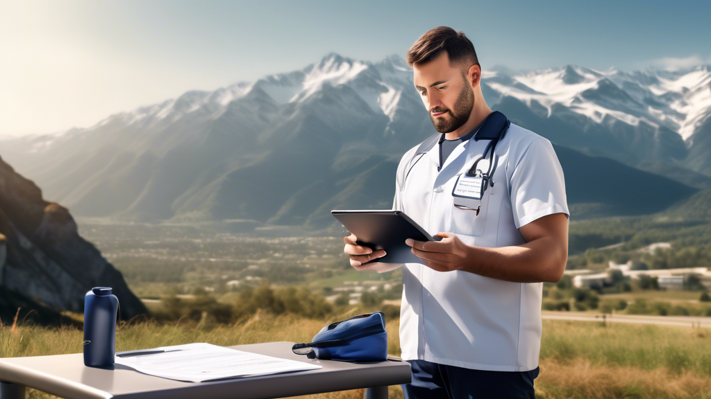 A realistic image of a commercial driver standing confidently in a serene natural setting, reviewing a checklist on a digital tablet labeled DL51 Medical Exam Prep. Nearby, a variety of personal identification and medical documents are neatly arranged on a small table, with scenic mountains and a clear sky in the background symbolizing a fresh start and journey. Around them, icons of healthy lifestyle choices like fruits, a water bottle, and running shoes subtly appear, representing the preparation and lifestyle adjustments needed for the exam.