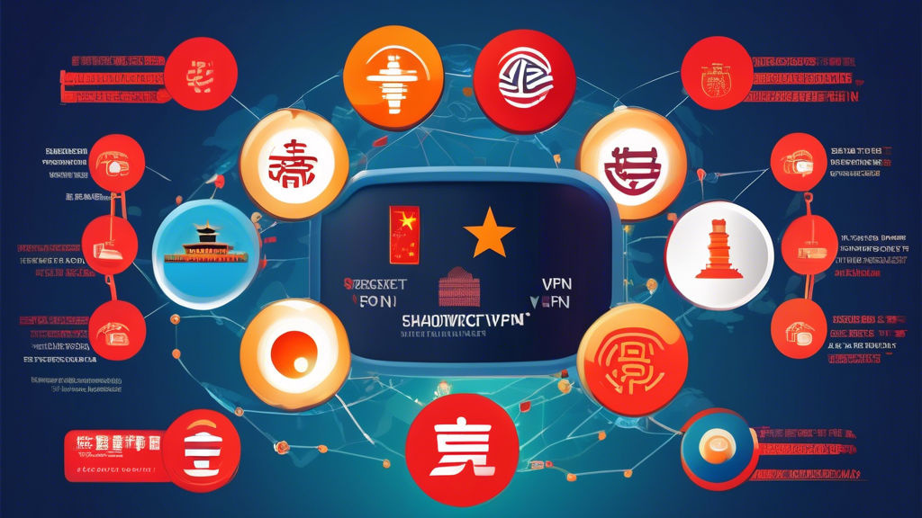 An informative infographic comparing Shadowrocket VPN with other VPN services commonly used in China. The design should feature a side-by-side analysis highlighting key aspects such as performance, security features, and user experience. Use vibrant colors to differentiate the VPNs, include icons representing various features, and present the information in a clear, user-friendly format. The backdrop should subtly reference elements of Chinese digital culture, such as the Great Wall or a stylized map of China, to provide context.