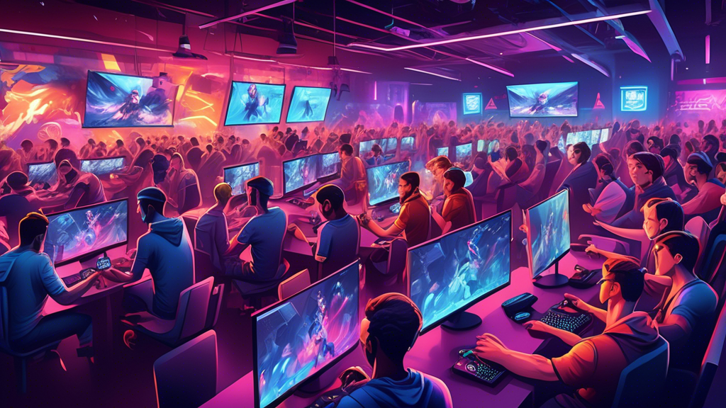 Create an illustration of a vibrant esports arena filled with gamers engaged in intense competitions. The scene should showcase modern gaming setups with high-speed internet, comfortable seating, and a variety of food and beverage options available. Include a diverse group of people—young adults and teens—interacting and enjoying the atmosphere, highlighting the social aspect of esports. In the background, feature large screens displaying competitive gaming events, with energetic crowds cheering. Make sure the setting looks inviting and dynamic, representing the key factors of amenities, location, and community spirit.