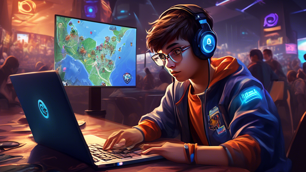 **DALL-E Prompt:** Create an image depicting a young gamer using a laptop to search for local esports arenas. The scene should include a map displayed on the laptop screen showing multiple pins for esports venues. Surrounding the gamer, there should be posters of popular esports teams and games, along with a group of friends discussing their favorite local arenas, showcasing a vibrant and engaging gaming community atmosphere. Include elements like game controllers, snacks, and energy drinks to emphasize the esports culture. The overall mood should be energetic and inclusive, highlighting the excitement of finding the best esports arena nearby.
