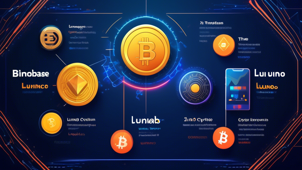Create an image depicting a dynamic, side-by-side comparison of three cryptocurrency trading platforms: Luno Crypto, Binance, and Coinbase. Highlight the unique advantages of Luno with vibrant visual elements, such as a focus on emerging markets, contrasting it with the established reputations of Binance and Coinbase. Use symbols and icons to represent features like regional focus, user interface, and security. Include a subtle, stylized map of emerging markets in the background to emphasize Luno