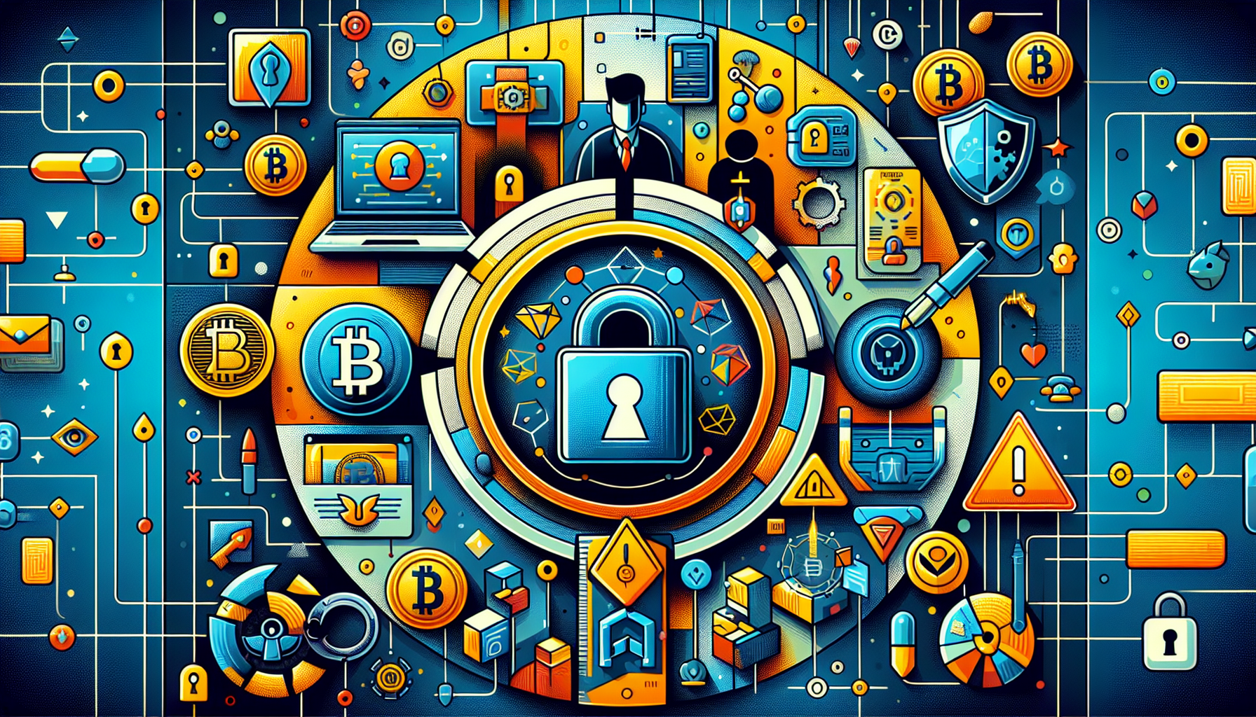 Create an image that represents the concept of buying cryptocurrency anonymously, highlighting both the benefits and the risks. The scene should include symbolic elements of privacy and security, such as a digital padlock and a shield, juxtaposed with symbols of caution like a warning sign or a phishing hook. Incorporate currency symbols like Bitcoin, alongside iconography of technology, such as decentralized network graphs and anonymous avatars. Ensure the image conveys a sense of balance, illustrating both the allure and the caution required in anonymous crypto transactions, with a subtle emphasis on the keyword buy crypto no id.