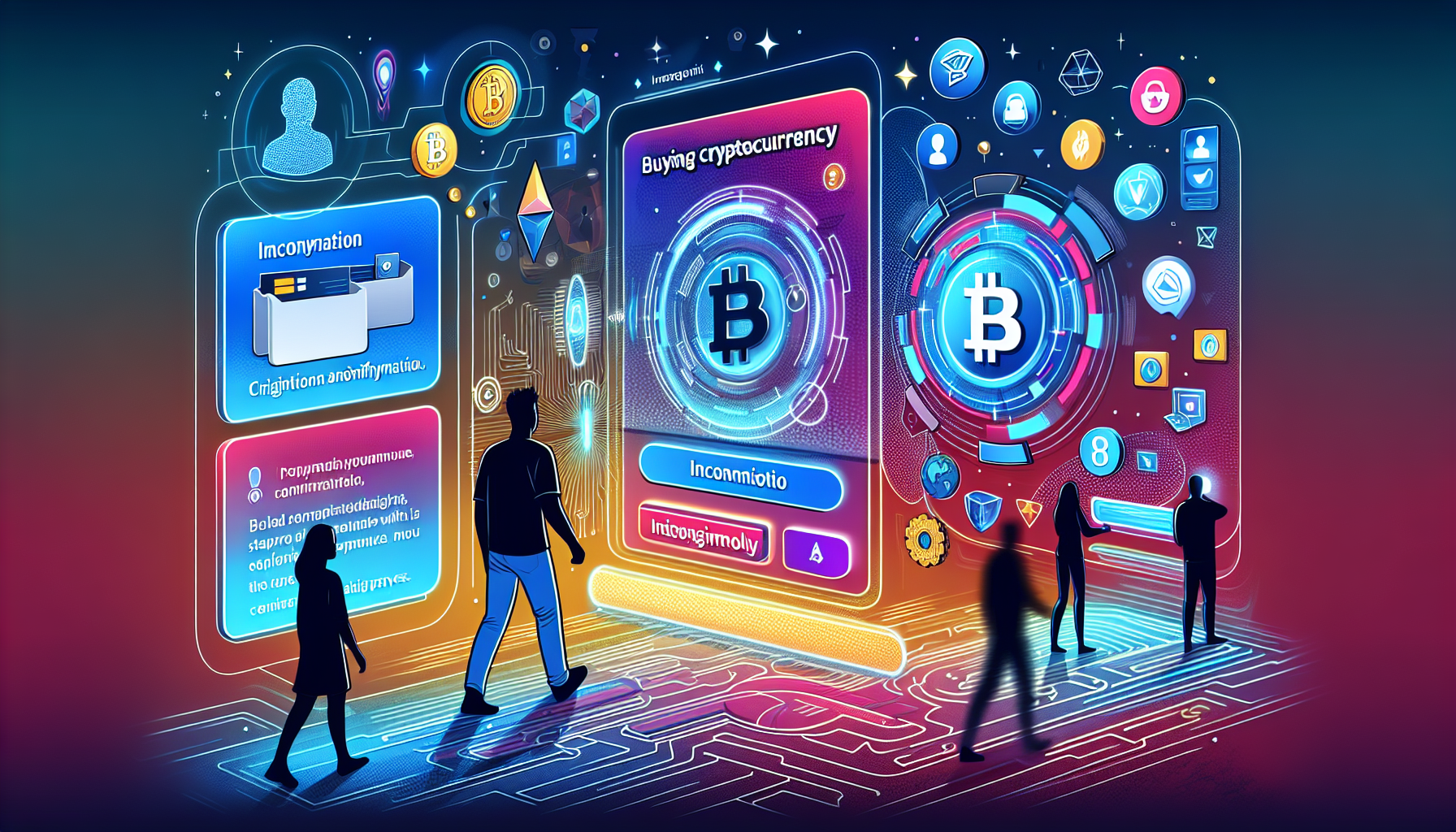 Create an illustration of a futuristic digital interface displaying a step-by-step guide to purchasing cryptocurrency anonymously without identification. The image should depict a diverse user navigating through a sleek, holographic screen. Include visual elements like digital wallets, secure payment icons, and anonymous user profiles. Integrate symbols of privacy, such as shields and encrypted data streams, to emphasize security. This visually engaging representation should encapsulate the theme of buying crypto with no ID, projecting a sense of empowerment and technological advancement.