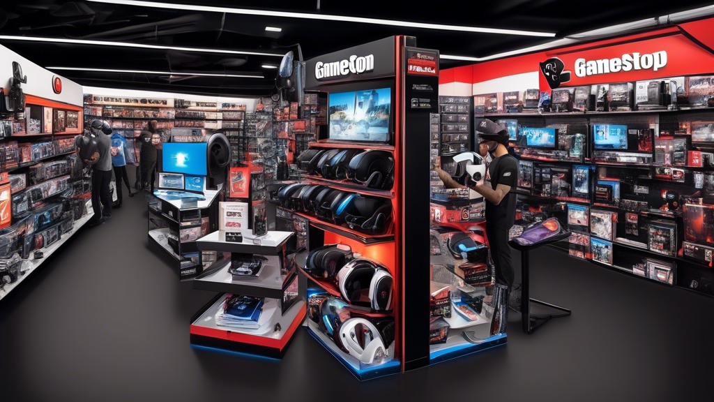 Create an image of the interior of a GameStop store with a focus on the trade-in and upgrade section. Showcase a variety of PS4 VR equipment and promotional signs highlighting trade-in deals. Include staff interacting with customers who are bringing in old gaming gear, and visualize the excitement of upgrading to the latest VR technology. Highlight key features such as VR headsets, game boxes, and trade-in price tags in a vibrant, energetic retail atmosphere.