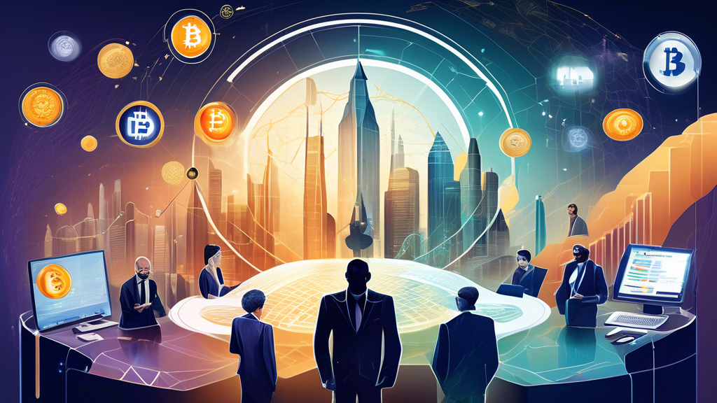 Create an image that depicts a sophisticated and futuristic financial landscape with symbolic representations of how finance helps navigate the complexities of the cryptocurrency market. Include elements such as digital graphs and charts indicative of market analysis, a compass integrated with cryptocurrency symbols like Bitcoin and Ethereum, and a diverse group of people engaged in strategic discussions, representing both individual and institutional involvement. The atmosphere should convey a sense of innovation and dynamic movement, capturing the essence of financial strategies in the crypto market. Keywords: finance navigation, crypto market, financial strategies, digital landscape.