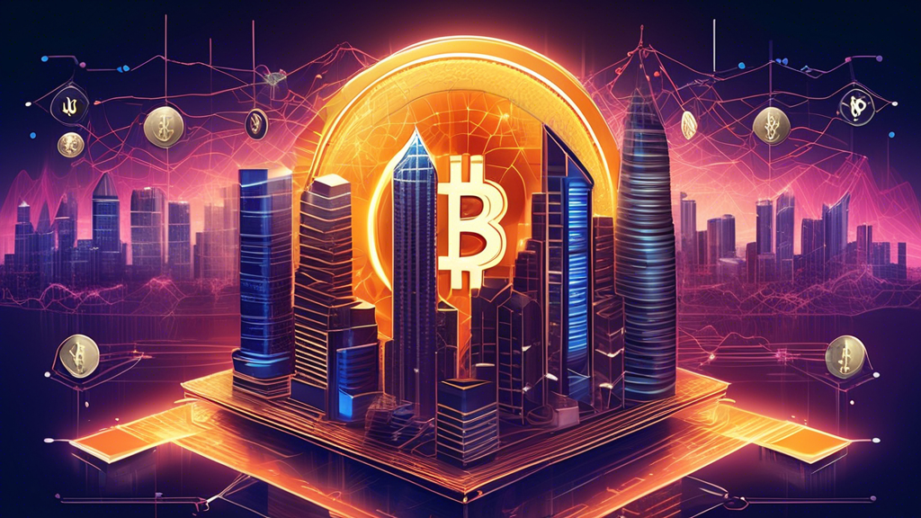 Create an image that depicts the concept of cryptocurrency as a groundbreaking force in the world of investment and finance. The scene should feature a futuristic cityscape where digital currency symbols, like Bitcoin and Ethereum, seamlessly blend with traditional financial icons such as stock market graphs and banks. Highlight the dynamic transformation and innovation in the financial industry, showcasing modern technologies and diverse investment portfolios evolving to include cryptocurrency. Use a color palette that mixes cool digital blues with warm golden hues to symbolize the fusion of old and new in this financial evolution. Keywords: cryptocurrency impact, investment transformation, financial innovation.