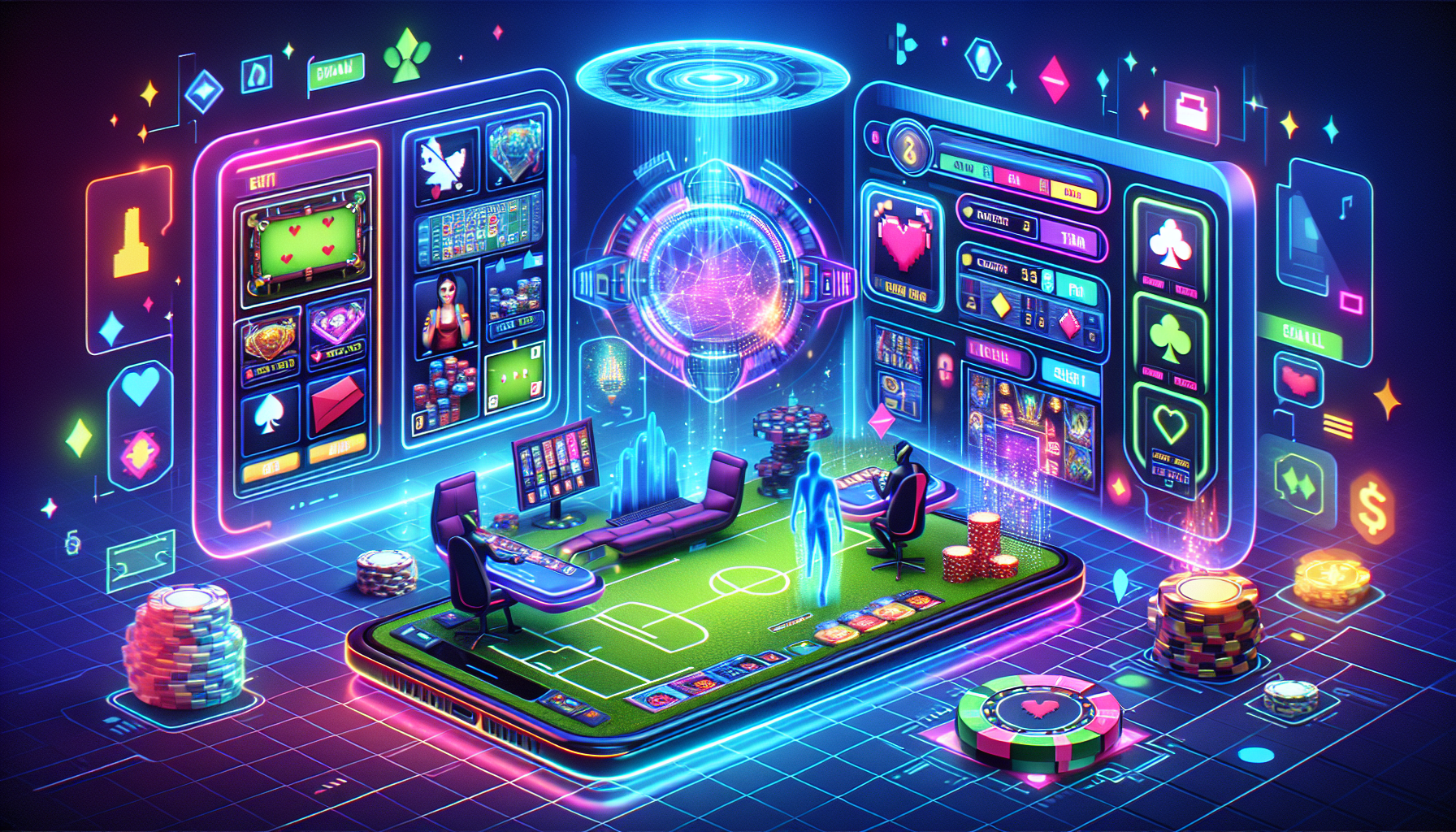 Create an image depicting a futuristic and vibrant gaming interface showcasing the innovative features of Bet365 games. Include elements such as interactive holographic screens displaying a variety of games like poker, sports betting, and casino games, all being accessed on a sleek, mobile-friendly platform. Surround the scene with digital enhancements like augmented reality and virtual avatars to emphasize the immersive, engaging experience Bet365 offers. Add subtle references to technological advancements, such as artificial intelligence or virtual reality gear, to highlight Bet365