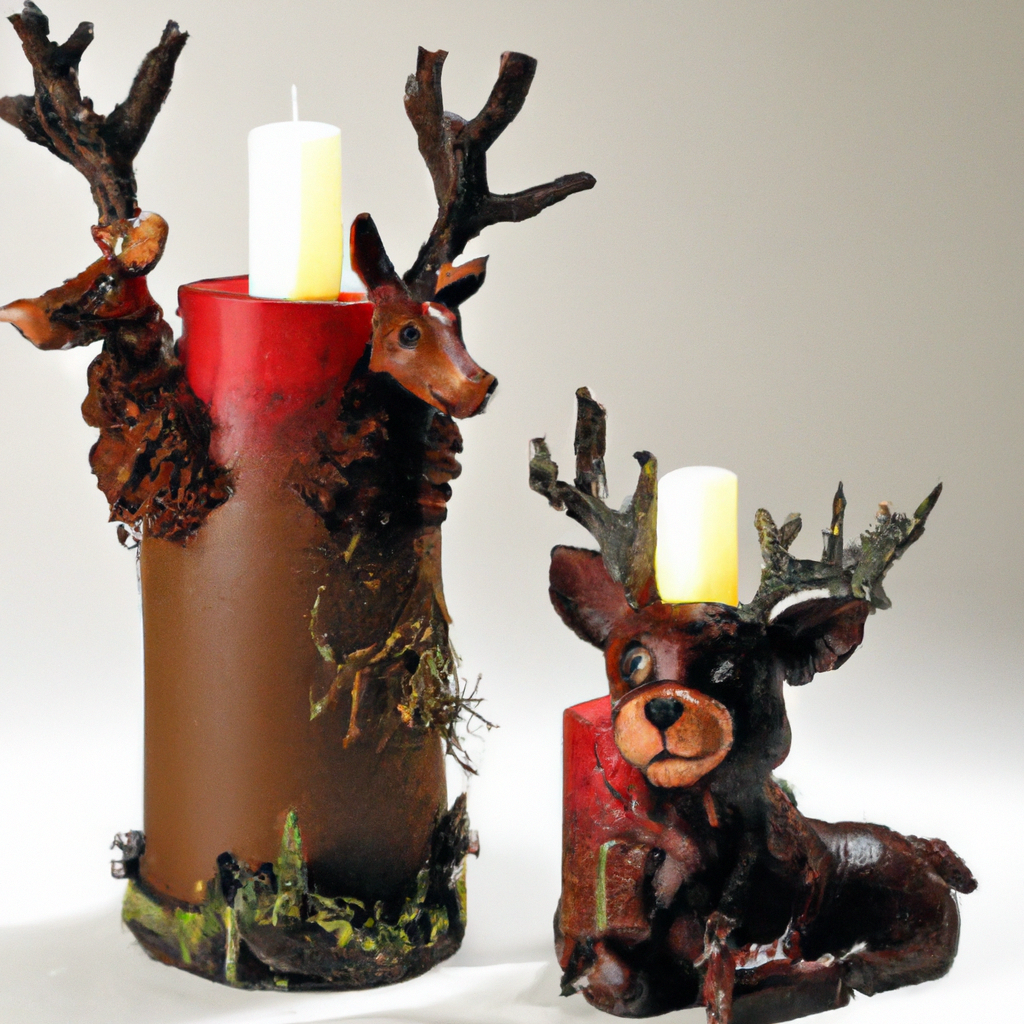 Create an image of a whimsical reindeer candle holder, showcasing a variety of creative design ideas. The scene should feature several reindeer candle holders, each uniquely personalized with different materials and finishes. Some designs should include vibrant painting techniques, while others are adorned with festive embellishments like beads, ribbons, and small ornaments. The reindeer themselves can have varying antler shapes and body poses, adding to their charm and individuality. Soft candlelight should illuminate the holders, creating a cozy and festive atmosphere. Use keywords such as unique reindeer candle holder designs and personalized candle holder ideas to convey the diverse creative possibilities.