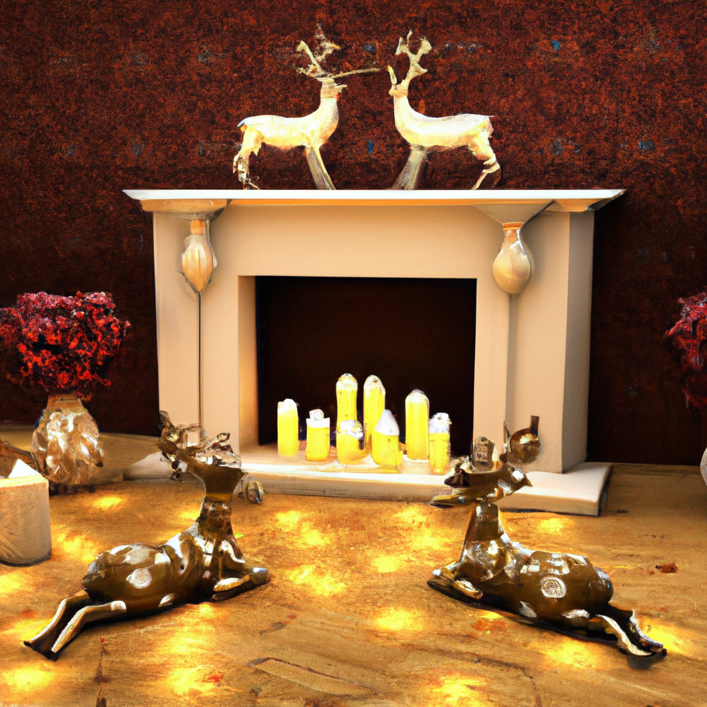 Create an image of a cozy living room beautifully decorated for the holiday season, featuring a set of reindeer candle holders as the centerpiece. The scene includes a mantel adorned with pine garlands and twinkling fairy lights, with the reindeer candle holders positioned gracefully among festive ornaments and candles. The design of the candle holders is elegant, with intricate antler details and a rustic finish, adding charm to the warm glow that illuminates the room. Capture the essence of incorporating reindeer candle holders into holiday décor, showcasing the harmony between traditional Christmas elements and contemporary styling tips for a festive ambiance.