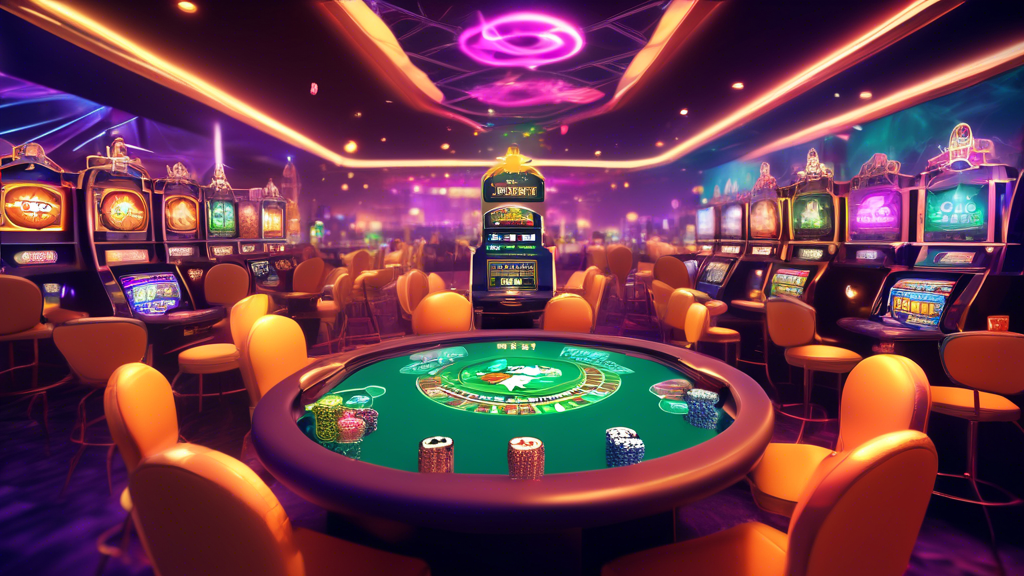 Create an engaging and vibrant scene showcasing a virtual casino environment, highlighting various free crypto casinos that offer no deposit bonuses. Include colorful slot machines, poker tables, and roulette wheels with cryptocurrency symbols like Bitcoin, Ethereum, and Litecoin integrated into the design. Emphasize the concept of fun and excitement, with animated graphics of players enjoying their games and virtual coins flying through the air. Showcase a comparison layout with highlighted features of different casinos, illustrating their unique no deposit offers and gaming options in a visually appealing manner.