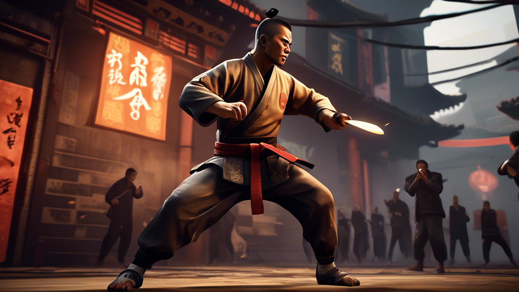 Create an image depicting a dynamic scene from the game Sifu on PS4, illustrating a player character in an intense combat scenario against a challenging enemy. The background should show a stylized urban environment with various objects that can be picked up as weapons. The player character should be in a martial arts pose, showcasing a combination of movement and a defensive stance while the enemy displays an aggressive pattern, hinting at their unique weaknesses. Include visual indicators like highlighted objects in the environment that can be utilized for strategic advantage, underscoring the essence of developing a personalized playstyle against tough adversaries.