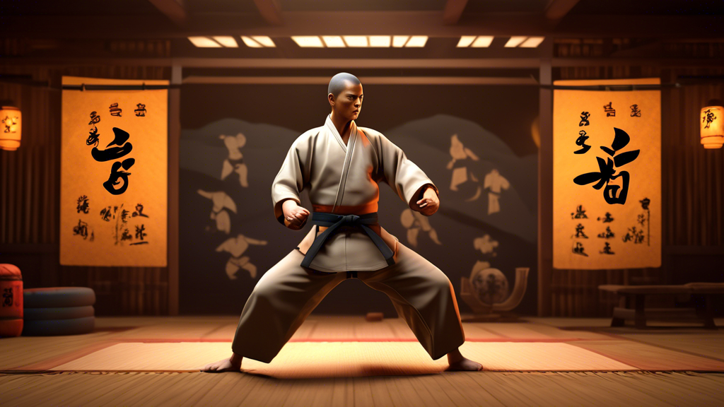 Create an image depicting a player character in the game Sifu on PS4, standing confidently in a dojo, surrounded by various skill upgrade icons floating in the air. The character is in a dynamic martial arts pose, showcasing the essence of mastering combat techniques. In the background, a serene environment emphasizes the importance of practice and skill development, with wooden training dummies and weapons displayed. The overall mood should reflect determination and focus, with a color palette that conveys a sense of calm and discipline, representing the journey of progression and skill mastery in the game.