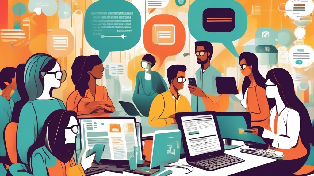 Create an image that visually represents the advantages of newsgroup servers in the digital landscape. The scene should depict a vibrant, diverse online community engaged in various discussions, showcasing the anonymity and privacy aspects of newsgroups. Illustrate different themed groups such as technology, art, and lifestyle, with users communicating through text bubbles that emphasize the intimate and focused nature of these conversations. Include a subtle comparison to social media platforms, perhaps through a split-screen effect, highlighting the distinct user experiences. The overall tone should convey the relevance of newsgroup servers in today