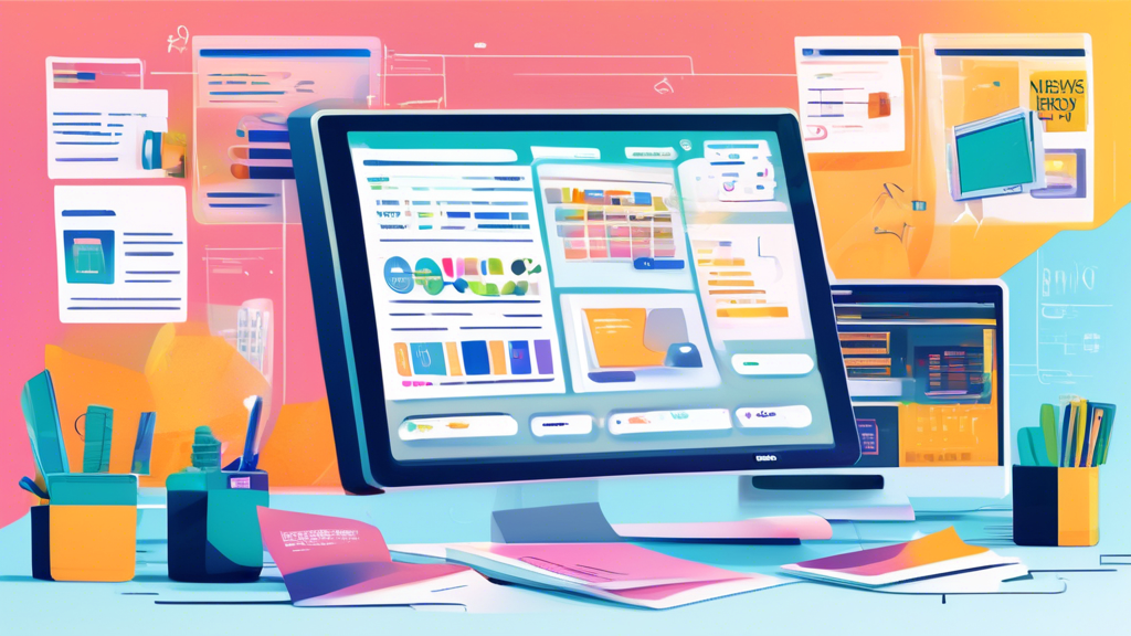 Create an illustration showcasing a modern digital workspace featuring a sleek computer monitor displaying various newsgroup servers and their interfaces. The scene should include a user engaging with the screen, with colorful icons and lists representing different newsgroup topics and communities. Surround the workspace with elements that symbolize tips and guidelines for beginners, such as sticky notes or a guidebook. The overall atmosphere should convey a sense of exploration and learning within the realm of newsgroup servers in 2023.