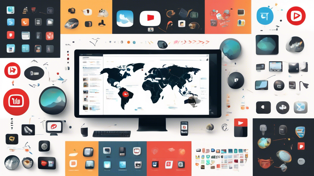 Create an image depicting a collage of computer or mobile screens showcasing a variety of user-friendly interfaces and logos representing the best unblocked YouTube sites. Include icons or symbols representing seamless streaming, like buffering bars transformed into arrows, and feature a world map in the background symbolizing global accessibility. Add a comparative chart to one side, illustrating key features and benefits, to visually represent the choices available to users. Use a blend of vibrant colors to suggest a sense of ease and efficiency.