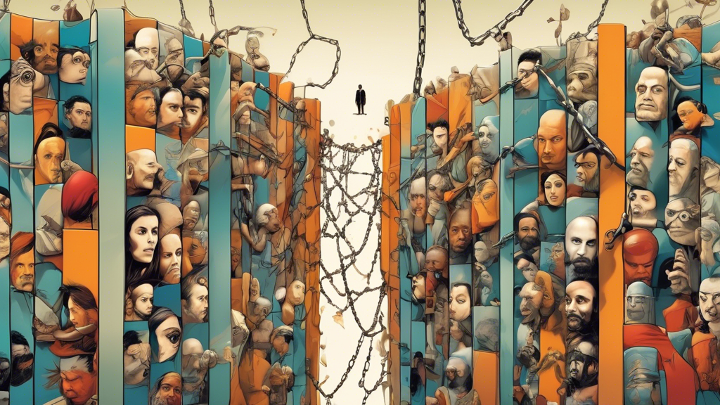 Create an imaginative and thought-provoking illustration that represents Desafíos y Oportunidades del Freedome en la Vida Cotidiana. The image should depict a diverse group of individuals facing various barriers to freedom, such as chains symbolizing social pressures, digital screens representing technological constraints, and walls illustrating personal fears. In contrast, show them discovering and embracing opportunities like open doors, vibrant social gatherings, and virtual connections that foster autonomy and liberated lifestyles. The atmosphere should balance a sense of struggle and hope, emphasizing the journey towards achieving freedome in everyday life. Use bright colors and engaging visuals to attract attention and convey the essence of the concept.