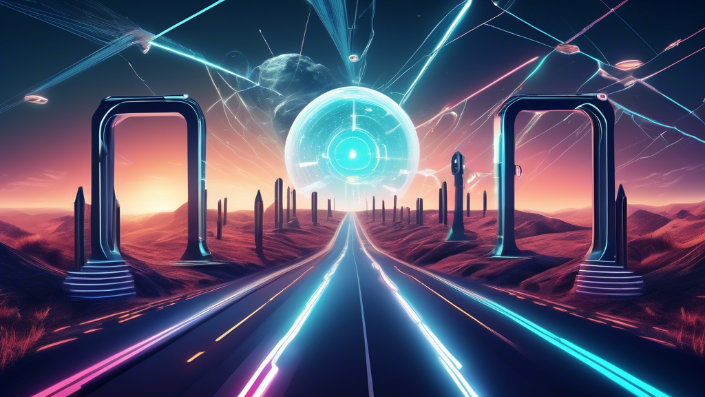 Create an image depicting a futuristic landscape where VR startups navigate a digital highway filled with obstacles and opportunities. The scene should illustrate various VR startup founders overcoming challenges like funding, competition, and technological hurdles, represented by visual symbols such as roadblocks, speed bumps, or forks in the road. Nearby, illuminated signposts hint at future trends and opportunities, like augmented reality integration and cross-industry collaboration. In the background, towering digital skyscrapers symbolize the long-term potential and growth prospects of VR startups. The atmosphere should be vibrant and hopeful, with glowing elements representing innovation and a path toward sustainability in the VR market.