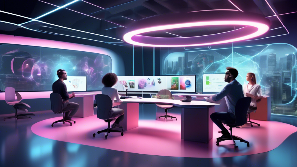 Create an image showcasing a futuristic virtual office environment that highlights the use of Oculus VR headsets to enhance productivity for adults. The scene should depict a diverse group of professionals immersed in a vibrant digital workspace, interacting with holographic screens, 3D charts, and virtual whiteboards. Include elements that show collaboration, such as avatars connecting from different locations around a virtual meeting table. Emphasize the seamless integration of technology and creativity, with a focus on how VR can boost focus and efficiency in the workplace.