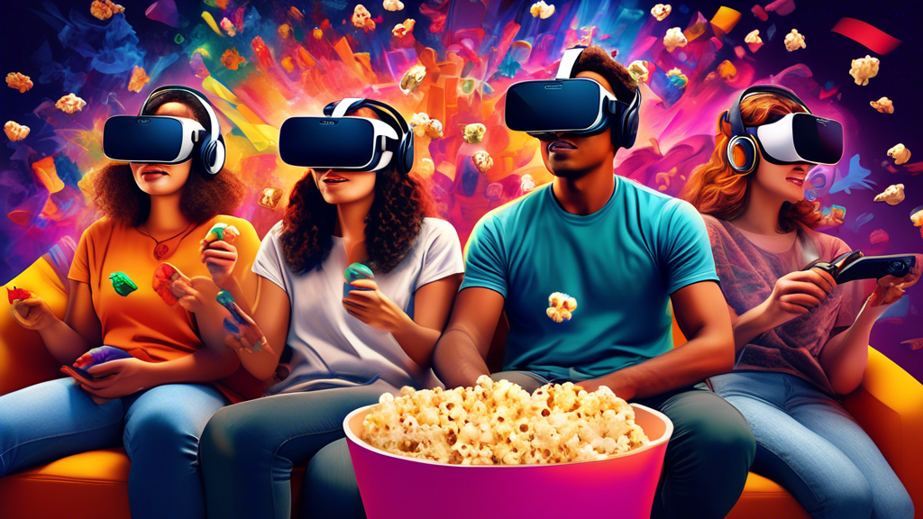 Create a vibrant and immersive digital artwork that captures the essence of unwinding with entertainment-focused Oculus apps for adults. The image should depict a diverse group of adults wearing Oculus VR headsets, each engaged in different virtual experiences. One person could be playing an intense VR game with dynamic, colorful graphics surrounding them. Another might be sitting in a cozy virtual cinema, popcorn in hand, watching a film on a massive screen. A third person could be immersed in a social VR experience, interacting with virtual friends in a lively, futuristic environment. The background should seamlessly blend these diverse activities, creating a unified scene that showcases the vast entertainment possibilities of Oculus apps, evoking a sense of escapism and leisure. Highlight the keyword oculus apps for adults subtly within the scene
