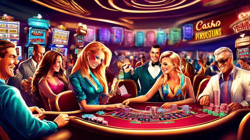 **DALL-E Prompt:** Create an eye-catching digital illustration of a vibrant casino scene showcasing the excitement of promotions and bonuses at Poker Star Casino. Include visually striking elements such as colorful banners advertising welcome bonuses and ongoing promotions. Feature enthusiastic players at poker tables and slot machines, interacting with friendly dealers and vibrant graphics displaying loyalty rewards. Capture the essence of a lively and engaging gaming atmosphere, with dynamic lighting and a diverse group of players, to highlight the fun and rewarding experience that Poker Star Casino offers.