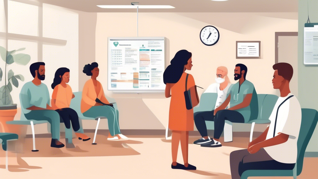 Create an image of a bustling medical clinic waiting room where people are gathered, representing a diverse group of individuals who need DOT physical exams. The scene should include a prominent bulletin board with pinned documents displaying tips for choosing the right DOT doctor, featuring bullet points like Check experience, Read patient reviews, Ensure certification, and Verify insurance compatibility. In the background, there is a digital kiosk with a screen showing the search bar using the keywords DOT doctors in my area. The environment should feel welcoming and informative, conveying a sense of guidance and community support.