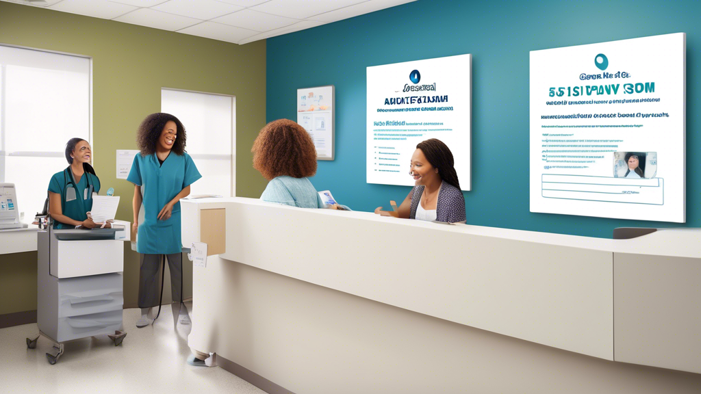 Create an image of a friendly, professional setting inside a clinic where a diverse group of adults waits for their $50 DOT physical exam. Include a large, clear sign displaying Affordable $50 DOT Physicals Here! A helpful staff member at the reception desk assists a smiling patient with paperwork. In the background, illustrate patients being guided through the exam process by attentive healthcare professionals, showcasing equipment used for checking vital signs. The scene should convey a sense of efficiency, approachability, and organization, emphasizing affordability and trust in the service.