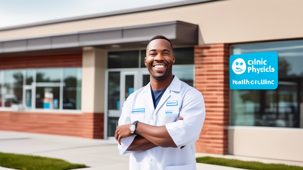 Create an image depicting a cheerful commercial driver standing outside a modern, accessible health clinic. The clinic exterior features a bold sign advertising $50 DOT Physicals. The driver, wearing a work uniform, is holding a receipt with a big smile, symbolizing satisfaction with the cost savings. In the background, a digital clock on the building displays flexible hours, highlighting convenience. Include subtle elements like testimonials or positive reviews visible on the clinic walls to emphasize customer satisfaction and reassurance.