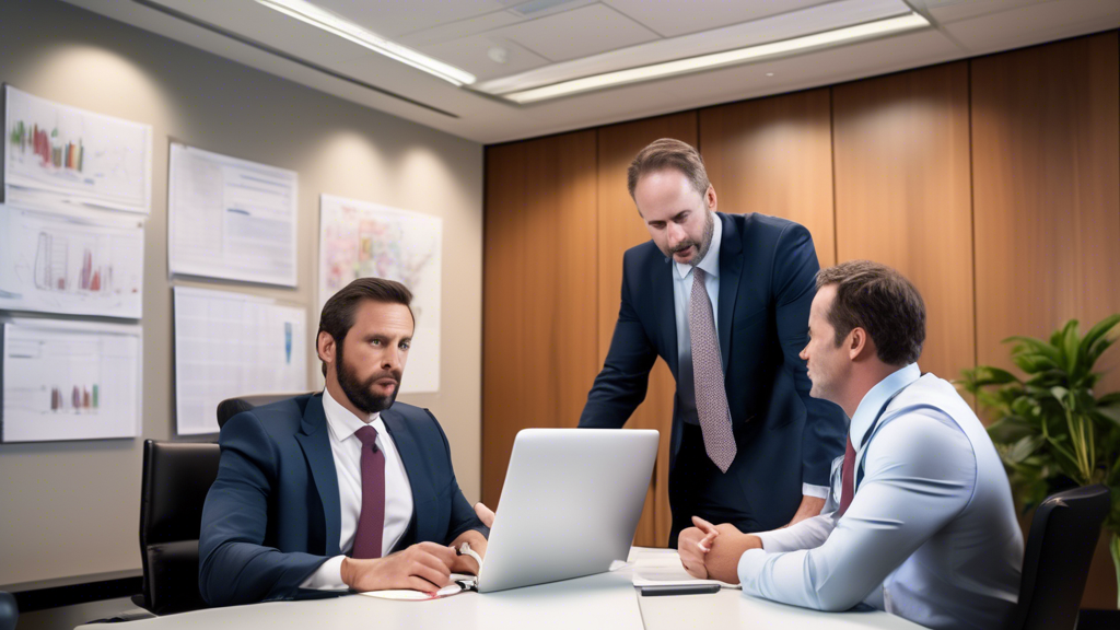 Create an image that captures a dynamic and collaborative meeting scene between a client and their injury lawyer in a modern law office. The setting should be professional, with an emphasis on the lawyer actively engaging with the client, showcasing their expertise and attentiveness. Important elements to include are: legal documentation neatly arranged on the desk, a laptop open with legal software displayed, a whiteboard in the background illustrating a step-by-step strategy for the case, and the lawyer confidently pointing to specific points while the client appears encouraged and understanding. The overall atmosphere should convey trust, competence, and partnership, highlighting the impact of collaboration with the best injury lawyer to maximize case outcomes.
