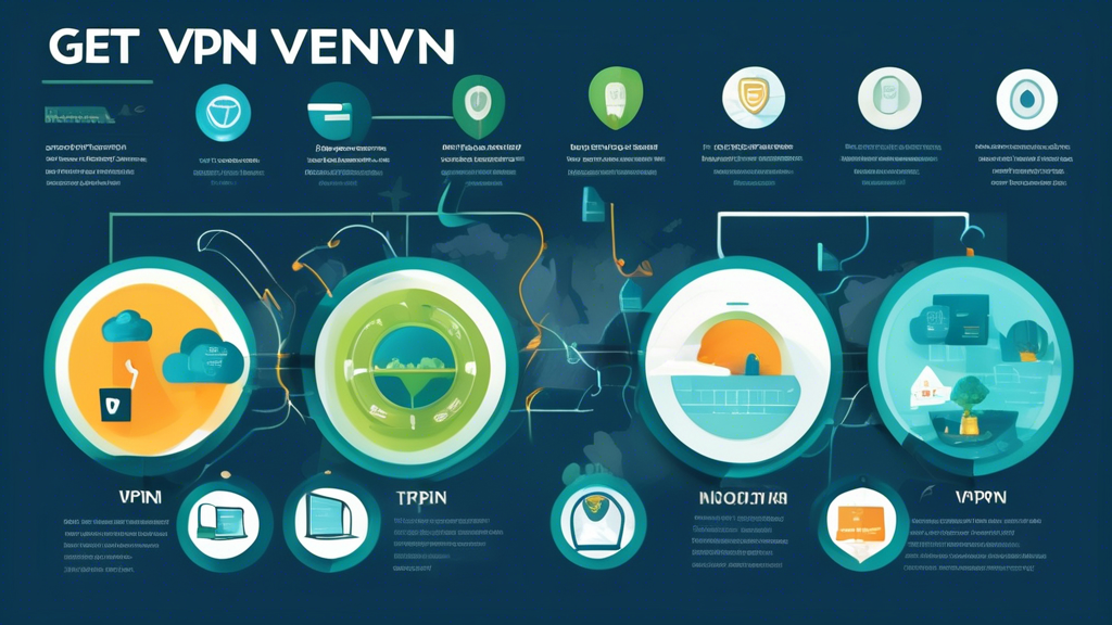 Create an informative and visually appealing infographic that outlines a step-by-step guide on how to get a VPN. The design should include clear sections for each step, such as Choosing a VPN Service, Installation Process, and Optimal Usage Tips. Use symbols and icons to represent each stage, and incorporate a color scheme that conveys security and trust, such as blues and greens. Additionally, feature logos or visual representations of popular VPN services to enhance the visual appeal and give users context for their choices. Ensure the overall look is modern and user-friendly, inviting viewers to learn more about securing their online privacy.