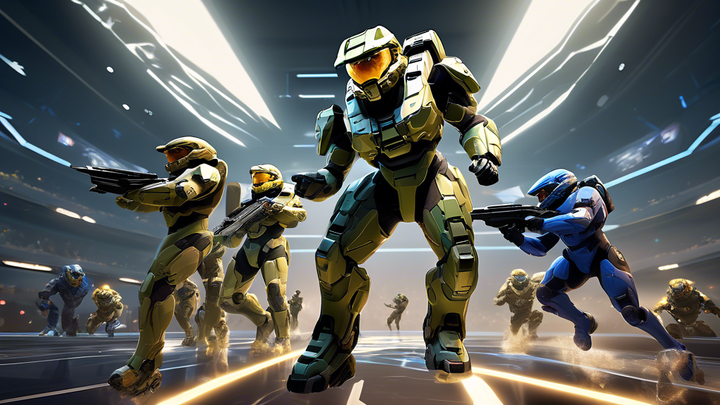 Create an action-packed illustration of a Halo Infinite tournament match, capturing a thrilling game-changing moment. Feature a futuristic esports arena filled with excited fans, with glowing screens displaying intense gameplay. Showcase diverse characters from the game in dynamic poses, executing impressive strategies and tactics. Highlight a key player making a standout play, demonstrating their skill and teamwork, as other players strategize in the background. Use vibrant colors and dramatic lighting to emphasize the energy of competitive gaming.
