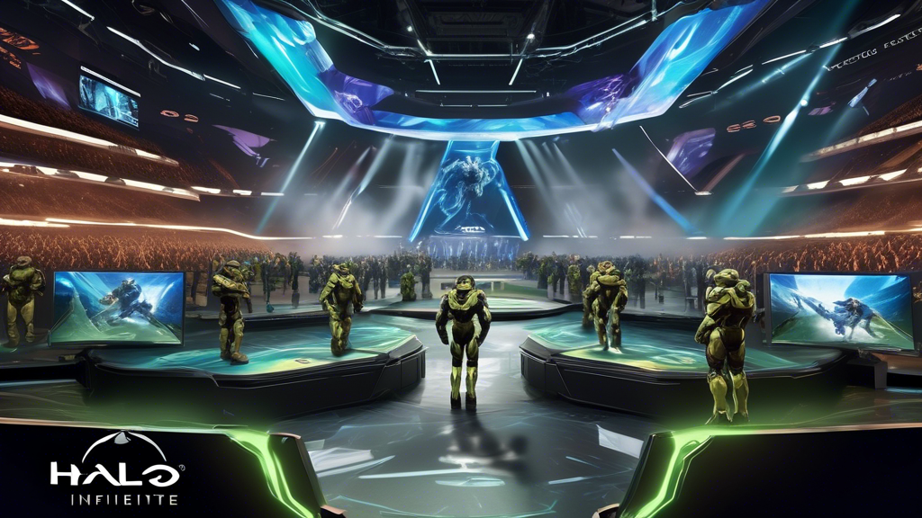 Create an engaging and futuristic digital artwork showcasing the future of the Halo Infinite esports scene. Depict a vibrant arena filled with fans and players, highlighting a dramatic moment from the tournament that symbolizes the evolution of the game. Include holographic displays showing player stats and tournament results, alongside iconic Halo characters in the background. Emphasize the excitement and competitive spirit of the esports community, while hinting at the game