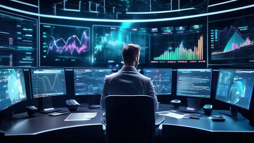 Create an image of a financial advisor at a futuristic trading desk, surrounded by holographic screens displaying graphs and charts. The advisor is pointing at a chart that highlights strategies for reducing operational costs on the FTX platform. Show a prominent visual of the tokens FTT and representations of trading volumes. Incorporate visual elements that suggest long-term financial growth and efficient fee management, symbolizing the benefits of optimizing costs when trading on FTX. Use a clean and modern design with a tech-savvy atmosphere.