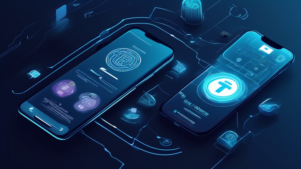 Create an image that showcases a digital dashboard illustrating various security measures to protect a Pi Coin transaction. Include visual elements such as a digital wallet with a lock symbol, a smartphone displaying a fingerprint authentication, and icons representing two-factor authentication and identity verification. The background should feature imagery of digital currency symbols, reflecting a secure and futuristic financial environment. The scene should communicate a sense of safety and technological sophistication, capturing the essence of securely selling Pi Coin using advanced security protocols. Use a color scheme that includes blues and whites to signify trust and security.