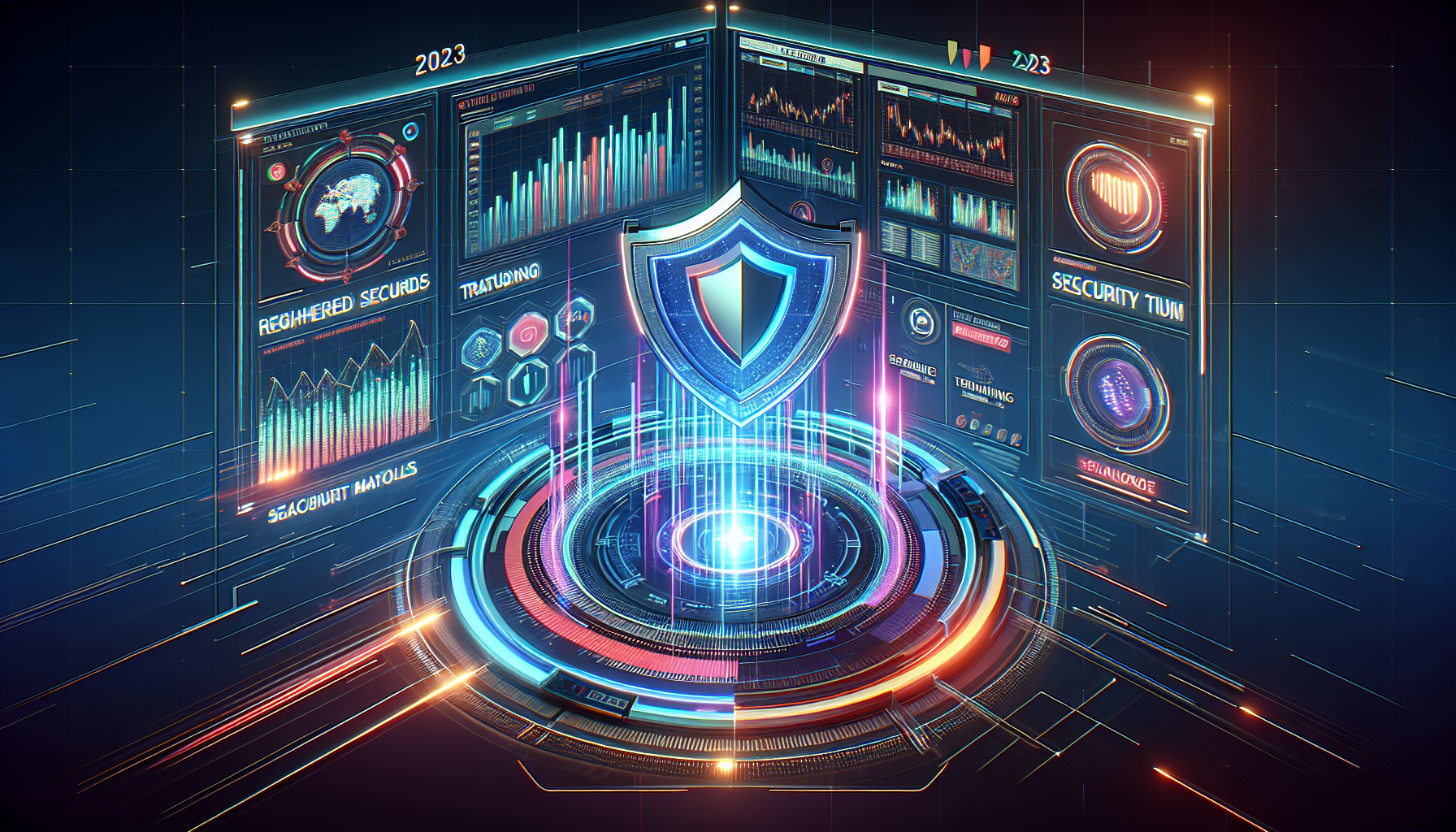 Create an image that depicts the innovative changes and updates in Binance for 2023. The scene should show a futuristic digital trading interface with advanced tools and security features being highlighted. Include elements such as holographic screens displaying real-time trading analytics, a 3D shield symbol representing enhanced security, and digital graphs illustrating the platform’s modernized capabilities. Convey a sense of technology and innovation, signifying Binance