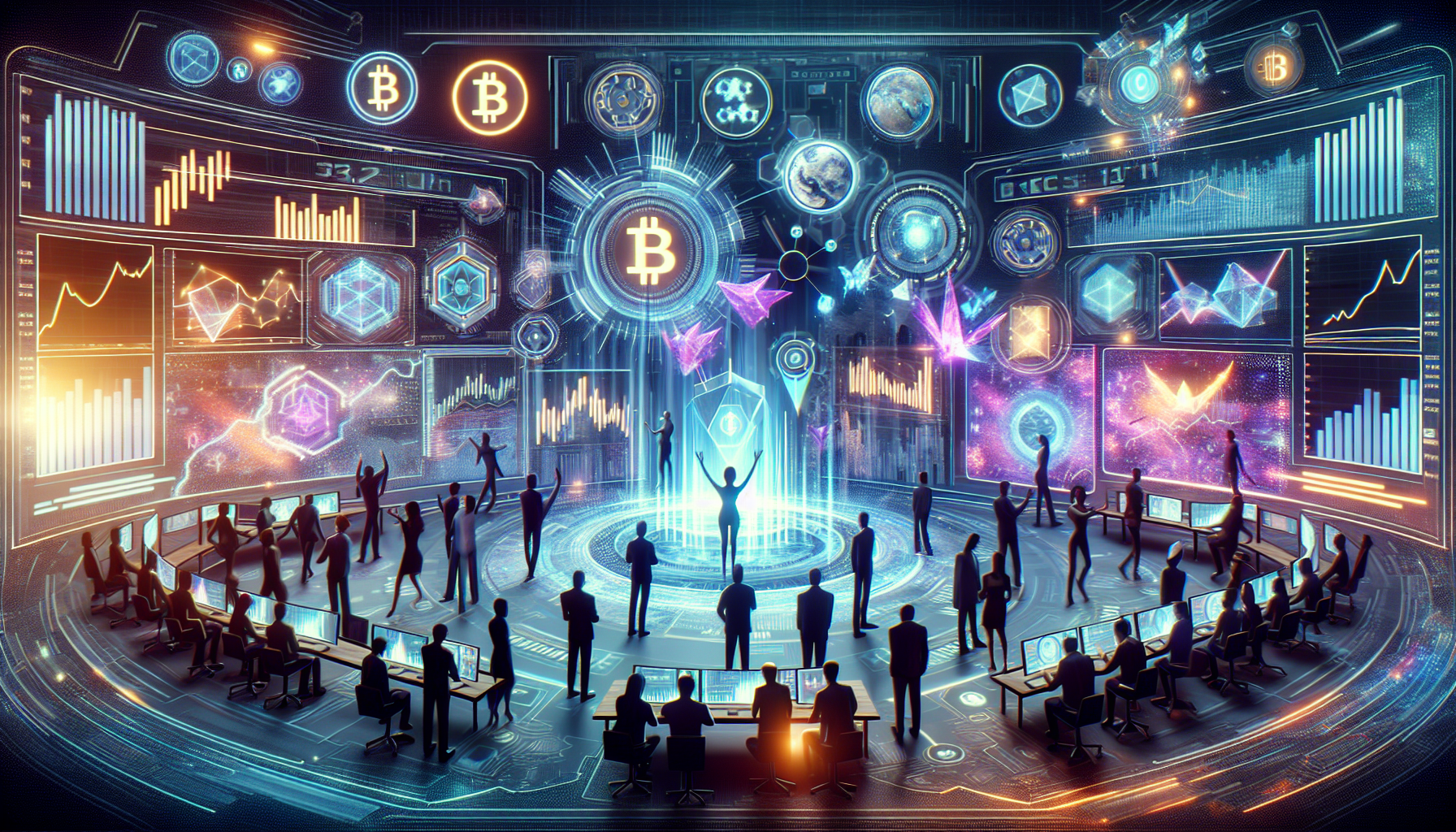 Prompt for DALL-E: Create an image depicting the future of cryptocurrency investments on the Binance platform in 2023. The scene should illustrate a diverse group of investors ranging from beginners to experienced traders, gathered around a futuristic digital trading interface displaying charts and data. The environment is modern and high-tech, with holographic elements symbolizing real-time market trends and analytics. Key features like cryptocurrency Binance and market trends 2023 should be subtly integrated into the interface, highlighting the strategic approaches and innovations offered by Binance for successful cryptocurrency investments.