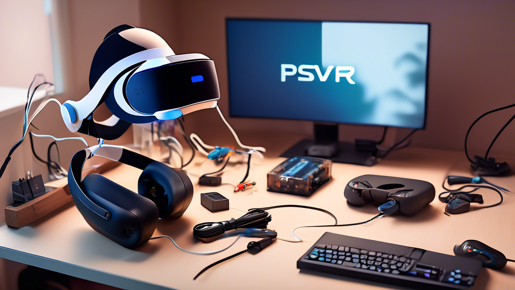 Create an image illustrating a workspace prepared for replacing a PSVR power cord. The scene should include neatly arranged essential tools like a screwdriver and a multimeter, alongside materials such as cable ties and a backup PSVR power cord. Depict a PSVR headset placed to the side, with all connections visibly unplugged and the power source turned off, ensuring a sense of readiness and organization. Add visual elements like labeled diagrams or checklists in the background to highlight preparatory steps, emphasizing key points of safety and compatibility. The overall composition should convey a clear and structured setup for the task at hand, aimed at visual learners seeking guidance on PSVR power cord replacement preparations.
