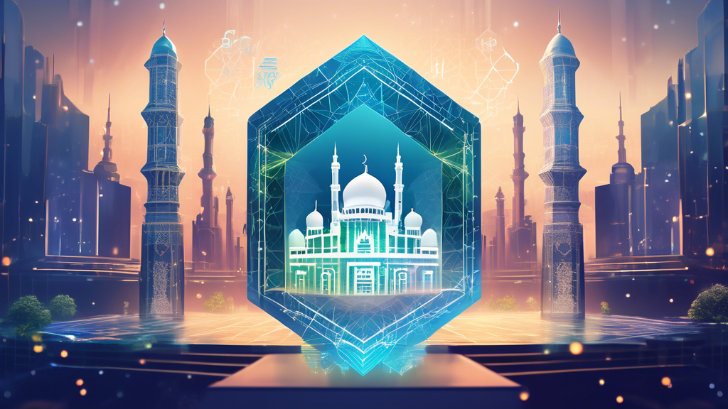 Create an image depicting a futuristic financial setting where Islamic finance principles are integrated with blockchain technology. Illustrate a digital landscape featuring elements like transparent digital ledgers, secure smart contracts, and floating holographic interfaces showcasing Sharia-compliant financial transactions. Include iconic Islamic architectural motifs subtly blended with digital imagery, representing the harmony between tradition and cutting-edge technology. Highlight visual symbols of transparency, decentralization, and trust, like transparent chains linking digital blocks, to emphasize the synergy between blockchain technology and Islamic finance.