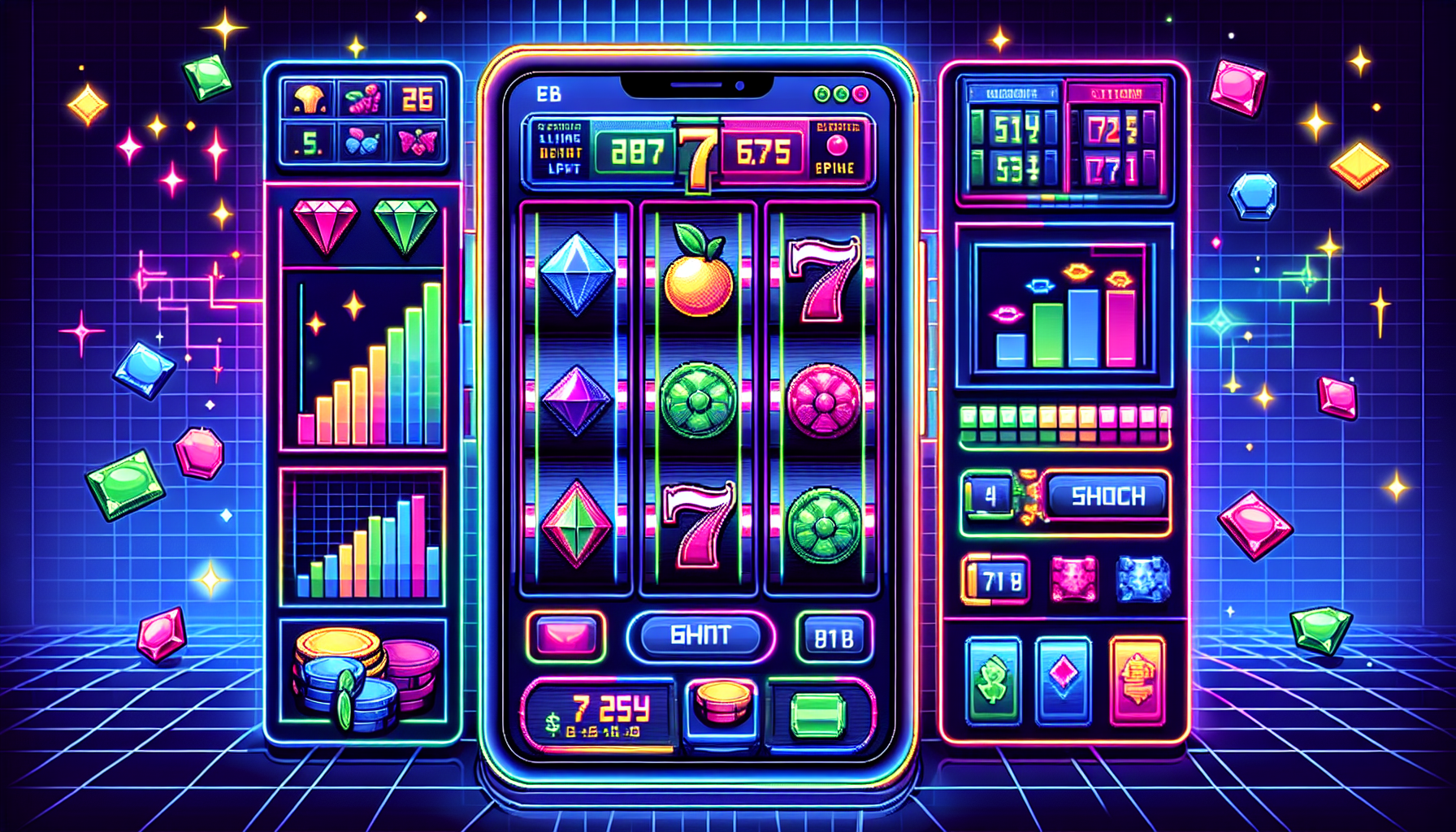 Create an image that captures the key features of slot machine online games which enhance player engagement and satisfaction. The scene should depict a vibrant and colorful digital interface of a virtual slot machine game, emphasizing cutting-edge graphics and captivating themes. Include various slot symbols like fruits, gems, and lucky sevens, each intricately designed to showcase their detailed visuals. In the background, portray elements indicating high payout percentages and seamless mobile compatibility, such as a smartphone displaying the game. The composition should reflect a sense of excitement and attraction, illustrating state-of-the-art technology in online slot games.