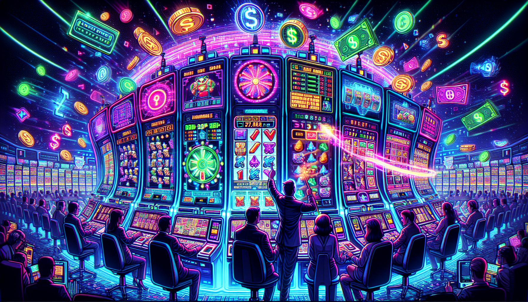 Create an image featuring a futuristic, digital casino environment where players are fully engaged with slot machines on their personal devices. The scene shows holographic slot machines displaying various symbols and spinning reels, with players thoughtfully strategizing using digital interfaces and guides. The atmosphere is vibrant, with glowing lights and digital currencies scattering in the air as players optimize their chances, highlighting concepts like bankroll management, paylines, high RTP rates, and bonus opportunities. The overall mood conveys a sense of focused excitement and technological sophistication.