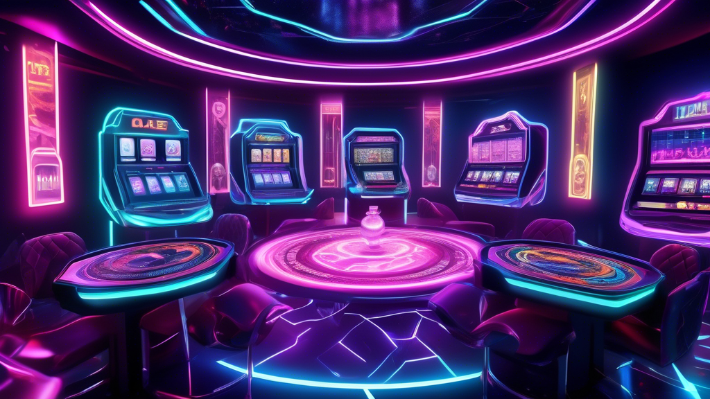 **DALL-E Prompt:** Create a futuristic scene depicting the current trends in the crypto casino industry. Visualize a vibrant casino floor featuring various new cryptocurrencies symbolized as neon-lit tokens. Include elements that represent provably fair gaming, such as transparent screens displaying real-time game outcomes. Showcase blockchain technology and smart contracts by incorporating digital interfaces and interconnected nodes in the background. Highlight a diverse group of players engaged in various games, illustrating the excitement of a cutting-edge gaming environment. The overall atmosphere should feel dynamic and high-tech, emphasizing the evolution of the leading crypto casino experience.