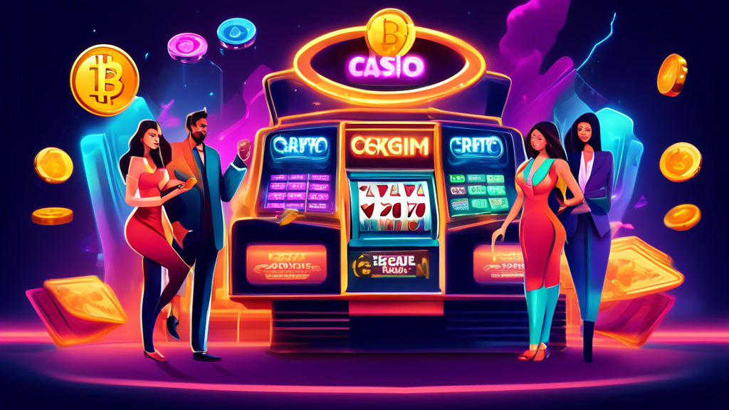 Create an illustration that captures the essence of player preferences in leading crypto casinos. The scene should depict a vibrant and modern casino environment with players engaging with various crypto gaming options. Showcase a diverse group of players, including both men and women of different ethnicities, enjoying games like slots and table games on digital screens displaying cryptocurrency values. Incorporate elements like glowing bonus and promotion signs that attract players, and include futuristic features that hint at the technology defining future casinos, such as blockchain symbols and smart contract icons. The overall atmosphere should be dynamic and inviting, reflecting the excitement and innovation of the crypto casino experience.