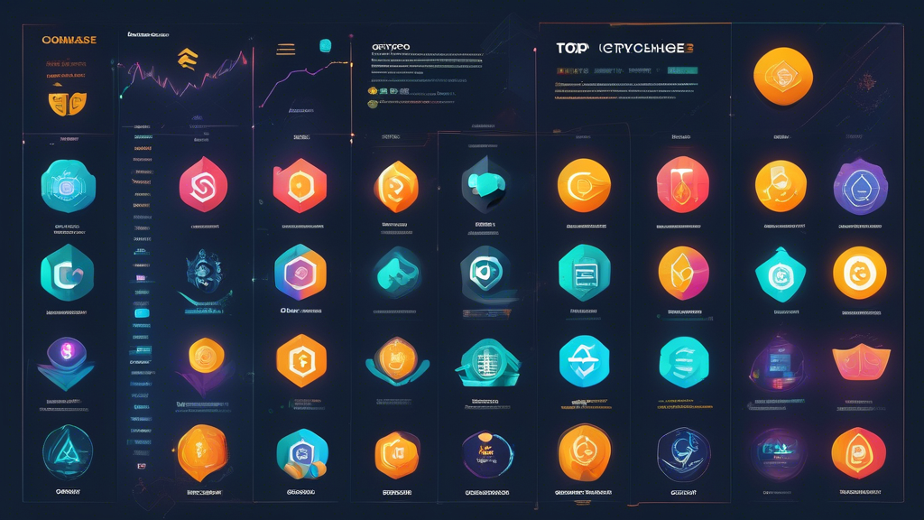 Create an infographic-style image that showcases the top-rated crypto exchanges in 2023, including logos of platforms like Coinbase, Binance, and Kraken. Highlight the pros and cons of each exchange with visually appealing icons or bullet points, and incorporate user ratings or feedback quotes. Use a modern, tech-inspired color palette to reflect the cutting-edge nature of cryptocurrency, and include elements that symbolize security and user experience, such as locks and user-friendly interface screenshots. Ensure a clean layout that effectively communicates the information to potential crypto traders.