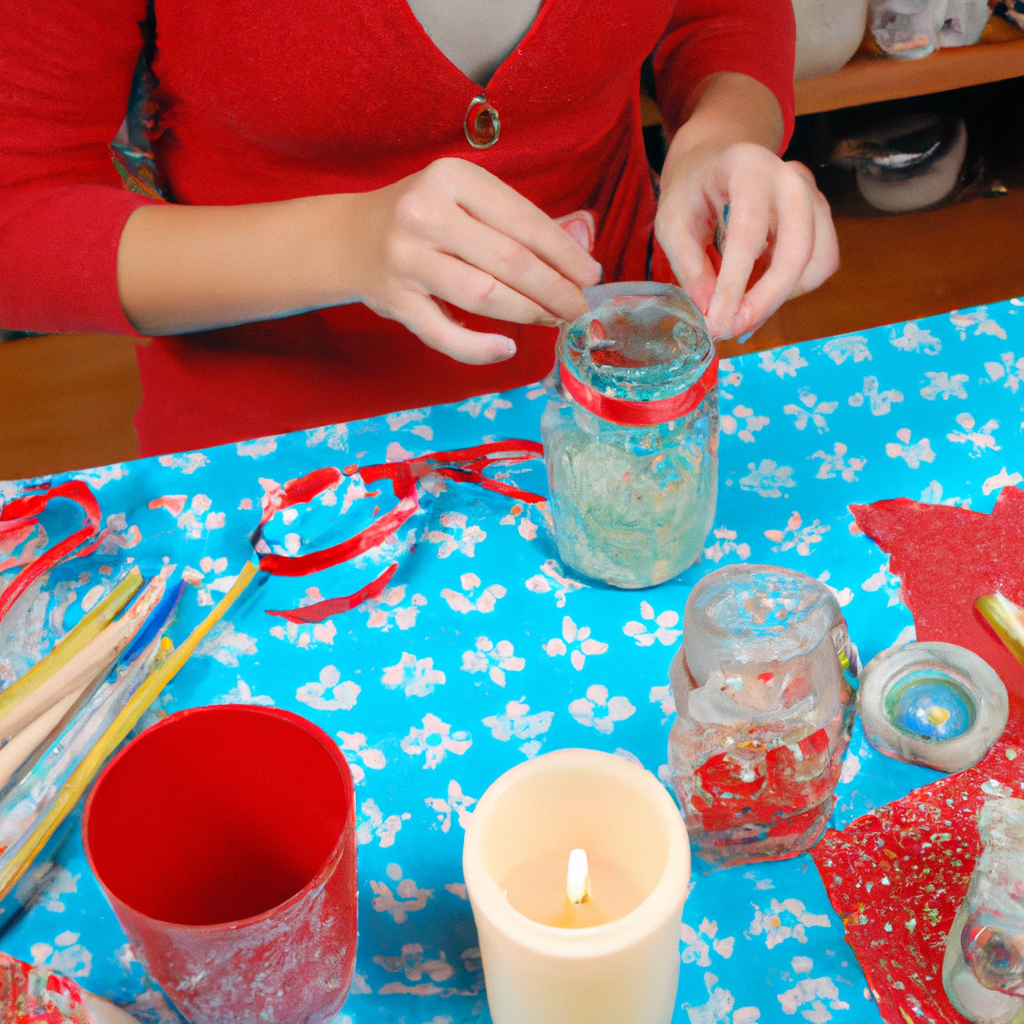 Create an image of a cozy, festive workshop setting with an array of DIY Christmas candle jar projects in progress. The table is scattered with plain candle jars alongside various crafting materials like vibrant ribbons, sparkling glitter, and intricate stencils. A person is seen delicately applying a festive stencil pattern to one of the jars, surrounded by finished candle jars adorned with holiday motifs like snowflakes, holly leaves, and tiny stars. The background showcases a warm ambiance with twinkling fairy lights and a hint of a Christmas tree, evoking a sense of creativity and holiday spirit. The image should capture an environmentally friendly approach by including a small sign that reads Upcycle for a Greener Holiday and depict a variety of recycled jar types ready for transformation.