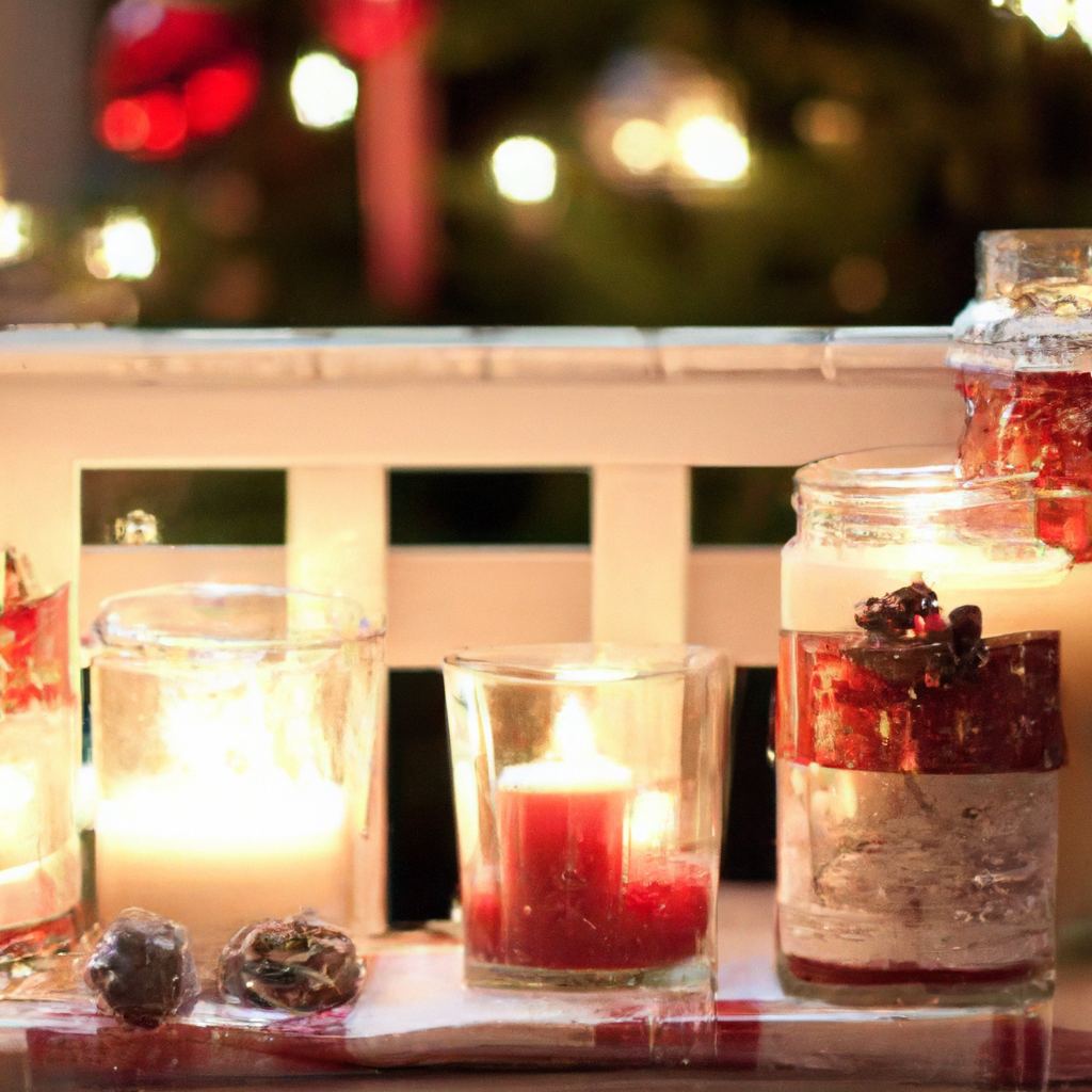Create an image featuring a cozy holiday setting showcasing personalized Christmas candle jars. Each jar is adorned with customized details like elegant monograms and heartfelt messages, creating a warm and inviting atmosphere. The scene is set in a warmly lit living room with a decorated Christmas tree in the background. The candle jars are placed on a rustic wooden shelf, surrounded by small evergreen sprigs and festive ornaments. The flickering candlelight casts a gentle glow, evoking a sense of comfort and the joys of giving unique, thoughtful gifts during the holiday season.