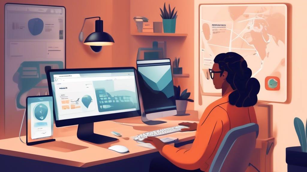 Create an image depicting a person in a cozy home office setting, seated at a modern desk with a PC in front of them. The computer screen displays an interface of a popular VPN service with options like “Choose Location” and “Connect.” Next to the keyboard, there