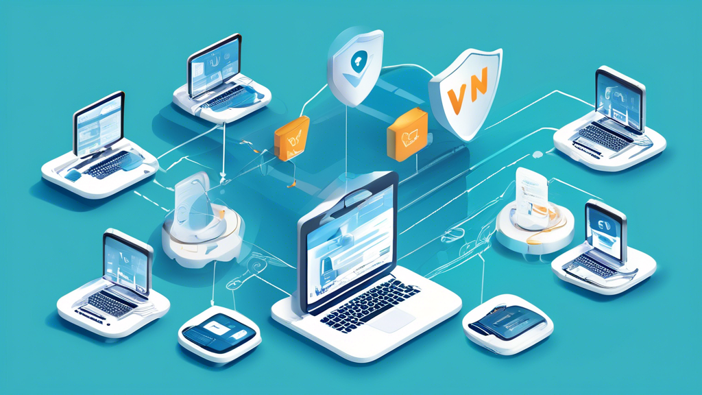 Create an informative and visually engaging illustration showcasing the step-by-step process of configuring and using HMA VPN on various devices. Include elements such as a laptop, smartphone, and tablet, each displaying the HMA VPN interface. Highlight key configuration settings for optimizing security, with arrows and labels pointing out features like encryption and IP masking. The setting should be modern and tech-savvy, possibly in a cozy workspace, to reflect a user-friendly experience. Use a color palette that represents trust and security, like blue and green tones.