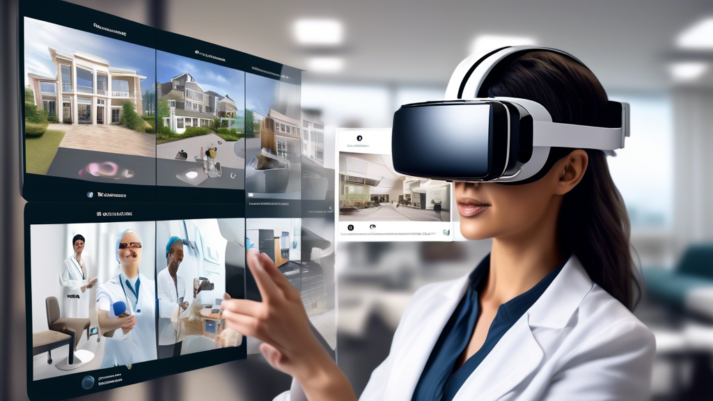 Create an image showcasing the diverse applications of VR business apps across various industries. Include a split view of a real estate agent conducting a virtual property tour, a healthcare professional using VR for a medical training simulation, and a teacher delivering an immersive educational experience. Each scene should be visually distinct but harmoniously connected through the centralized theme of VR technology. Highlight how these VR apps facilitate virtual meetings, enhance employee training, and boost customer engagement, portraying a futuristic workplace environment where technology seamlessly integrates with daily operations.